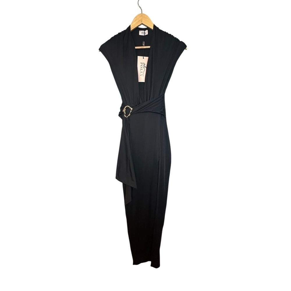 NWT Oh Polly Amalda Slinky Jersey Plunge Hardware Detail Maxi Dress in Black 0 - Picture 2 of 9